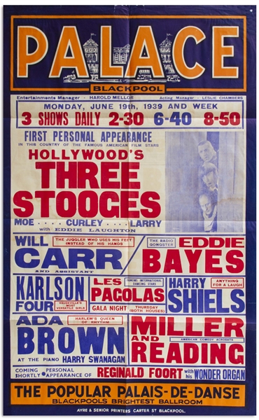 Moe Howard Owned Poster Advertising The Three Stooges' Famous June 1939 Show at the Blackpool Palace in England -- Larger Size Measures 24.75'' x 39.75''